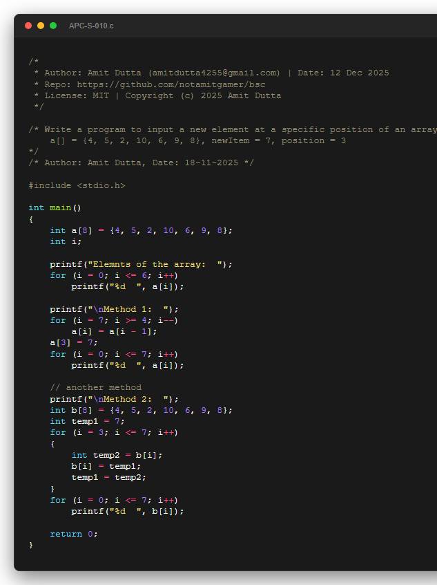 Write a program to input a new element at a specific position of an array. a[] = {4, 5, 2, 10, 6, 9, 8}, newItem = 7, position = 3
